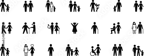 Family and relationship icons including parents, children, elderly couples, and diverse families in inclusive black silhouette pictogram style