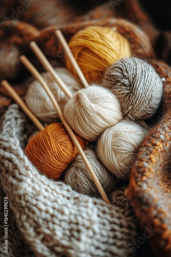 Cozy Yarn Arrangement With Knitting Needles and Warm Textures in a Natural Se...
