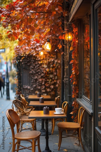 Cozy Outdoor Cafe With Autumn Leaves and Warm Lighting in a Vibrant City Street