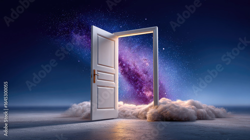 Open door with galaxy view and clouds under night sky