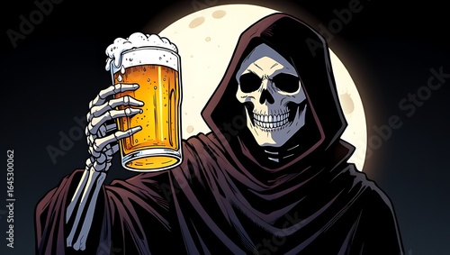 The Grim Reaper Celebrating with a Pint of Beer Under the Moonlight Dark Humor Illustration