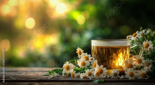 Warm Tea in a Clear Cup Surrounded by Daisies Enjoying a Sunny Afternoon.