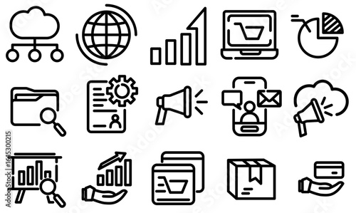 E-commerce outline icon set. Containing shopping cart, online store, package, credit card, growth chart, laptop shop, search, and more. Editable stroke vector illustration.