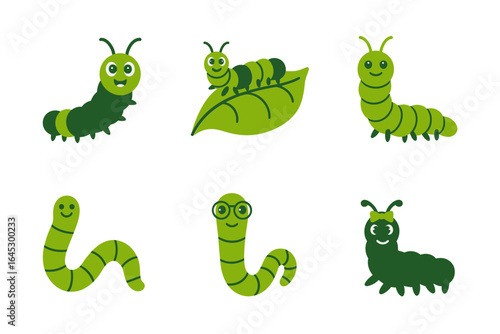 Cute caterpillar cartoon icons, inchworm and leaf vector, green bug illustration, preschool education clipart, kids sticker set