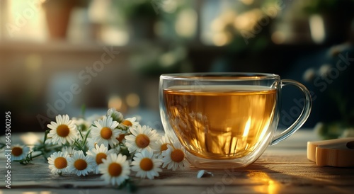 Warm Cup of Herbal Tea Surrounded by Fresh Daisies in a Cozy Setting During L...