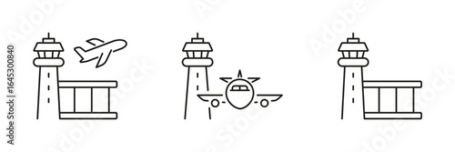 Airport Control Tower And Airplane Line Icon Set. Aviation Management, Flight Operations, And Air Traffic Control Outline Symbol Collection. Editable Stroke. Isolated Vector Illustration
