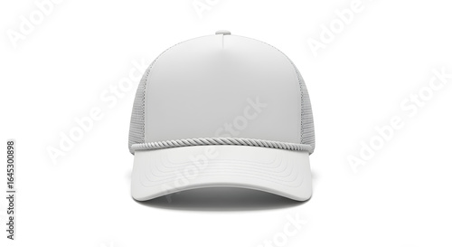 Front View of a White Trucker Hat with Mesh and Rope Detail.