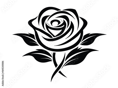 Wallpaper Mural Rose flower with leaves, black silhouette logo, elegant and timeless design, perfect for floral branding, beauty products, wedding invitations, decorative art, and classic botanical projects Torontodigital.ca