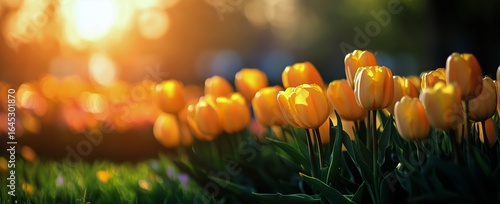 Vibrant Orange Tulips Bloom in the Golden Sunlight of Springtime Garden.