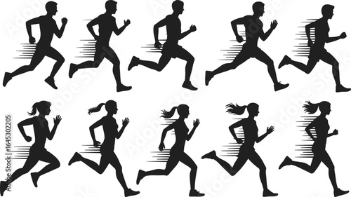 Running silhouettes, male and female runners, sprinting motion, athletic training, jogging workout, fitness lifestyle, sports illustration, marathon preparation, speed movement, exercise