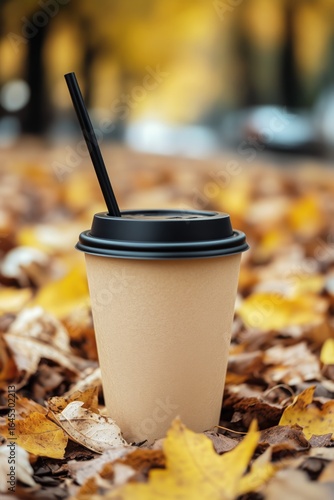 Warm Beverage Cup Resting on Autumn Leaves in a Park Setting.