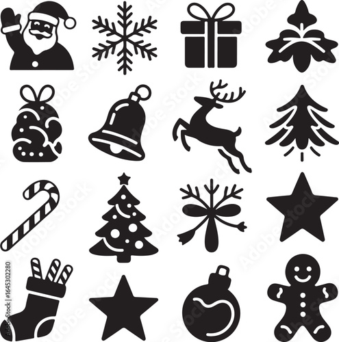 Black Silhouette Christmas Vector Icons Minimalist Holiday Graphic Pack Featuring Santa, Tree, Bell, Star, and Snowflake – Editable High-Quality Design for Stickers & Merch