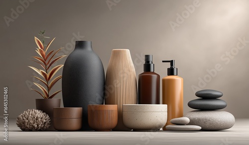 Minimalist hair product composition featuring bottles and vases arranged with decorative stones and plants on beige background, elegant beauty product display