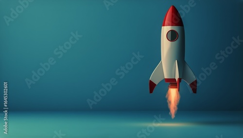 Rocket Launching With Flames in a Blue Background Setting During a Futuristic...