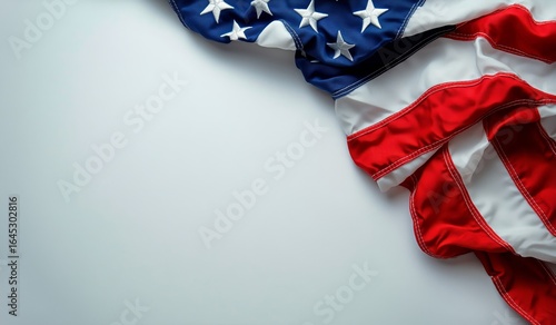 Waving American Flag Draped on a Light Surface Showcasing Red, White, and Blu...