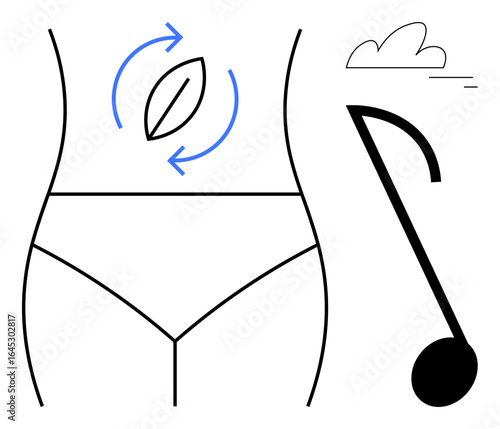 Abstract female figure with a rotating leaf signifying renewal, a music note representing creativity, and a minimalist cloud. Ideal for wellness, self-expression, art, body care, eco-awareness