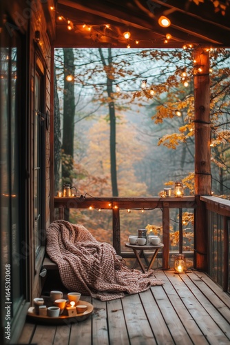 Cozy Cabin Porch Decorated With Warm Lights and Fall Foliage During a Tranqui...