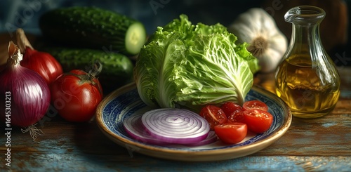 Fresh Vegetables and Olive Oil Arranged on a Wooden Table for Healthy Cooking