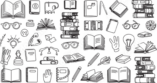 A seamless pattern of hand drawn books glasses and writing implements on a white background surface