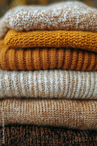 Cozy Knitted Sweaters Stacked in Warm Autumn Colors on a Wooden Surface