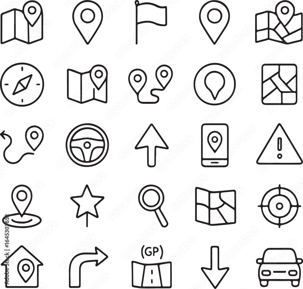Fototapeta premium Collection of hand drawn navigation and location icons including maps pins compass steering wheel and destination markers