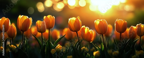 Bright Yellow Tulips Bloom in a Vibrant Garden During Sunset in Spring.