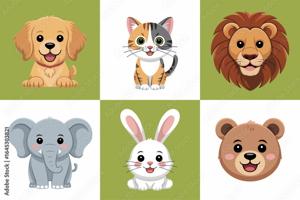 Obraz premium Animal face avatar icons, dog cat lion elephant rabbit bear vector, round badge illustration, cute character clipart, social sticker design