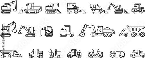 Heavy construction vehicle icons set including excavators, bulldozers, dump trucks, loaders, rollers, and tractors in linear outline style