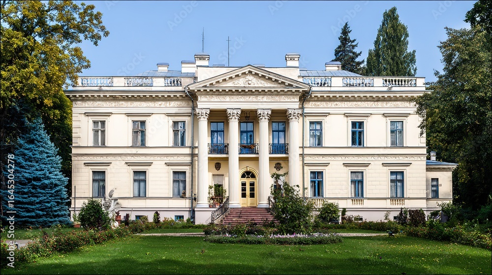 Fototapeta premium An elegant residence with classical columns, framed by blue skies and lush greenery.