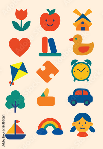 "Colorful Flat Icons of Everyday Objects for Kids"