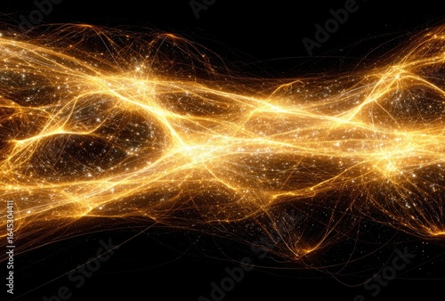 Abstract swirling golden energy waves on black background