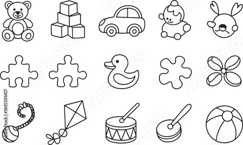 A collection of various outline drawings of different toys for children on a white background