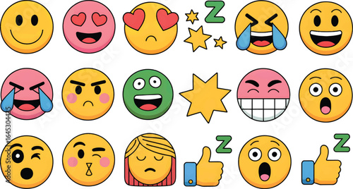 A collection of cartoon emojis displaying various expressions and emotions on a white background