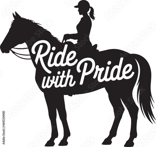 Silhouette of Equestrian Rider on Horse with Ride with Pride Text on Transparent Backdrop