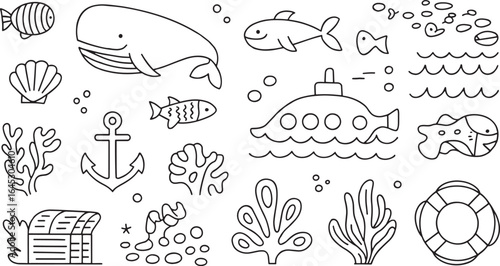Underwater themed line art illustration with whale fish submarine and other marine elements depicted