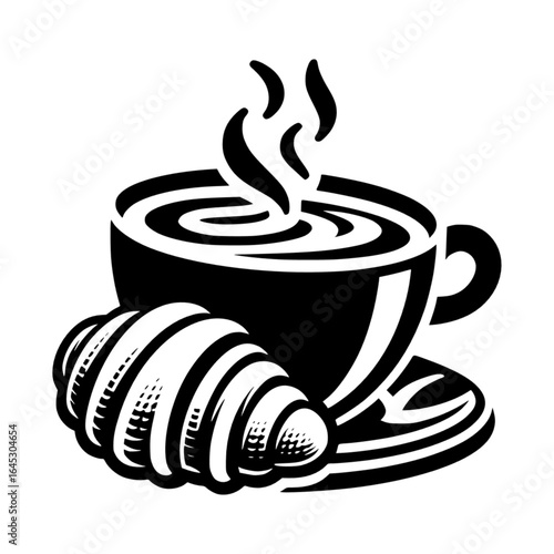 croissant and coffee black vector icon 