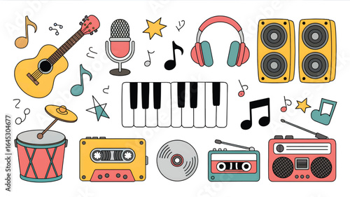A colorful assortment of musical instruments and audio equipment arranged on a white background space