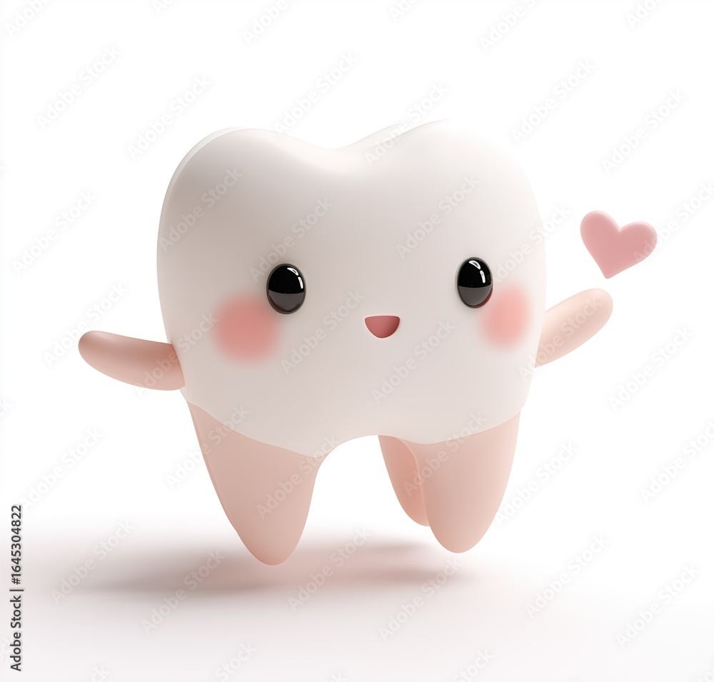 Fototapeta premium 3D cute tooth clipart, white background, soft lighting, cute cartoon style, highly detailed, sharp focus, high resolution, no shadows, high quality
