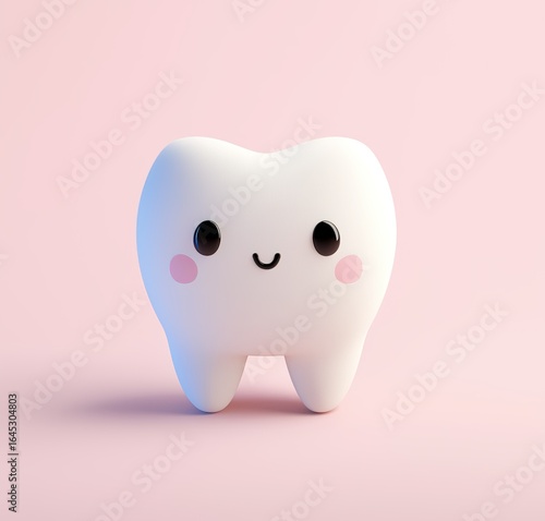 3D cute tooth clipart, white background, soft lighting, soft pastel colors, in the style of childlike simplicity, simple form illustration, simple shapes on the outside, cute character design, simple 