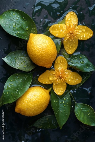 Vibrant Lemons and Bright Flowers on Dark Surface With Water Droplets Capturi...