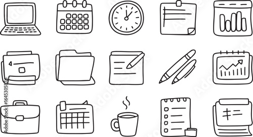 A collection of office and business doodles including a laptop calendar and coffee cup icon set
