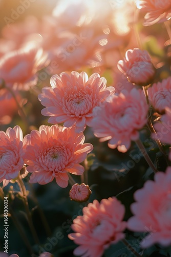 Beautiful Pink Flowers Bloom in Warm Sunlight During Springtime at a Garden.