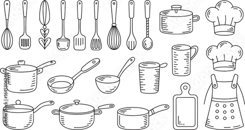 Collection of kitchen utensils and cooking tools in black and white line art style illustration