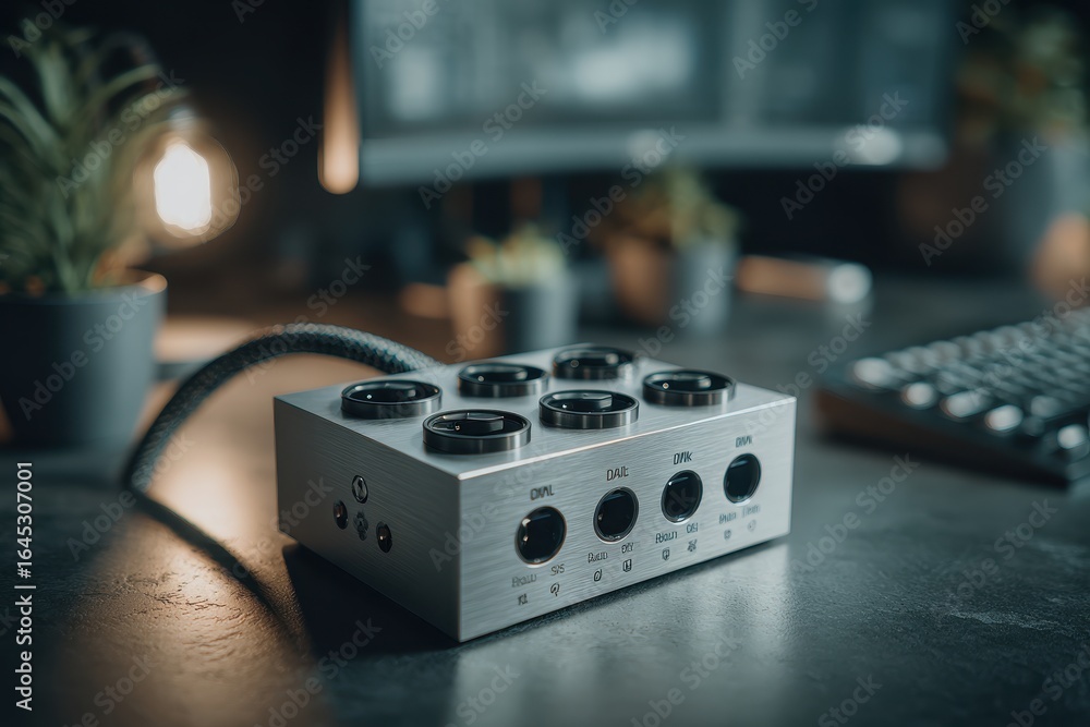 Fototapeta premium Professional silver audio interface with dials on a dark studio desk.