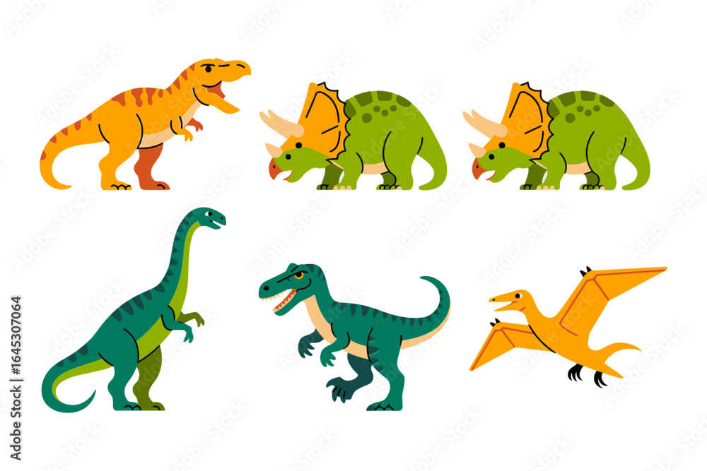 Naklejka premium Dino family and friendship pack, parent baby sibling dinosaur poses, heartwarming vector illustration, storybook friendly graphic
