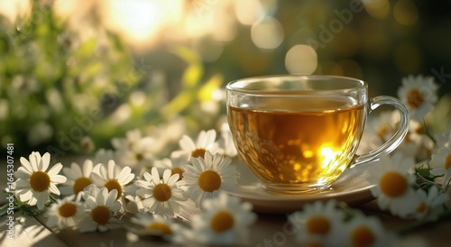 Warm Tea in a Clear Cup Surrounded by Daisies Enjoying a Sunny Afternoon