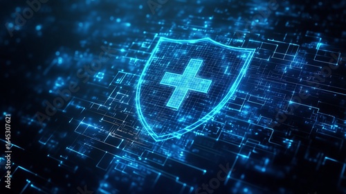 Digital Technology Featuring a Blue Shield Symbolizing Cybersecurity and Data...