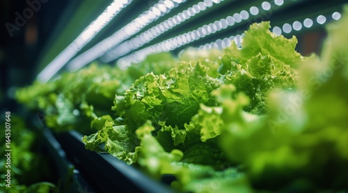 Fresh Greens Thrive Under LED Lights in a Modern Indoor Garden Setting