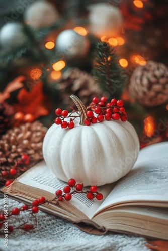 White Pumpkin With Red Berries on Open Book in Cozy Autumn Setting