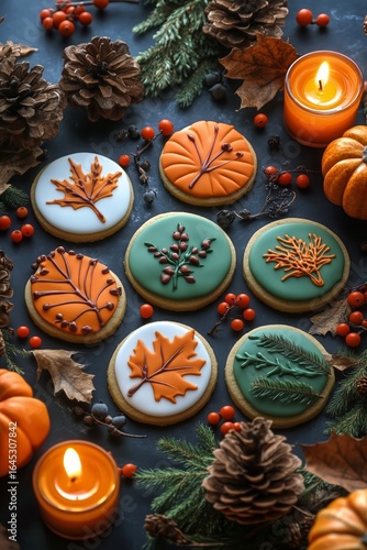 Delightful Autumn-Themed Cookies Arranged With Natural Decorations and Warm C...
